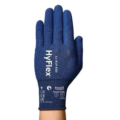 Ansell Earth HyFlex® 11-819 ESD General Purpose Gloves - 18 Gauge Nylon Liner - Nitrile Palm Dipped - Silicone/Latex Free/Antistatic - T/screen - Blue - 10
