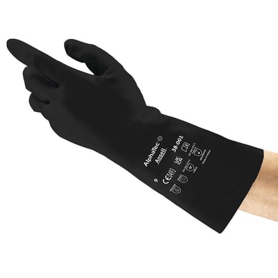 Ansell AlphaTec® 38-001 Chemical & Liquid Resistant Gloves - Butyl Polymer Coating - Raised Diamond Grip - Latex Free - Extended Length - Black - 7
