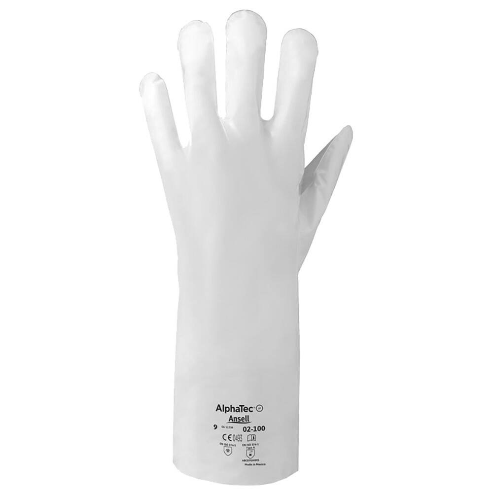 Ansell AlphaTec® 02-100 Chemical & Liquid Resistant Gloves - Laminated Film - Unsupported - Gauntlet - Smooth - Silicone/Latex Free - White - M