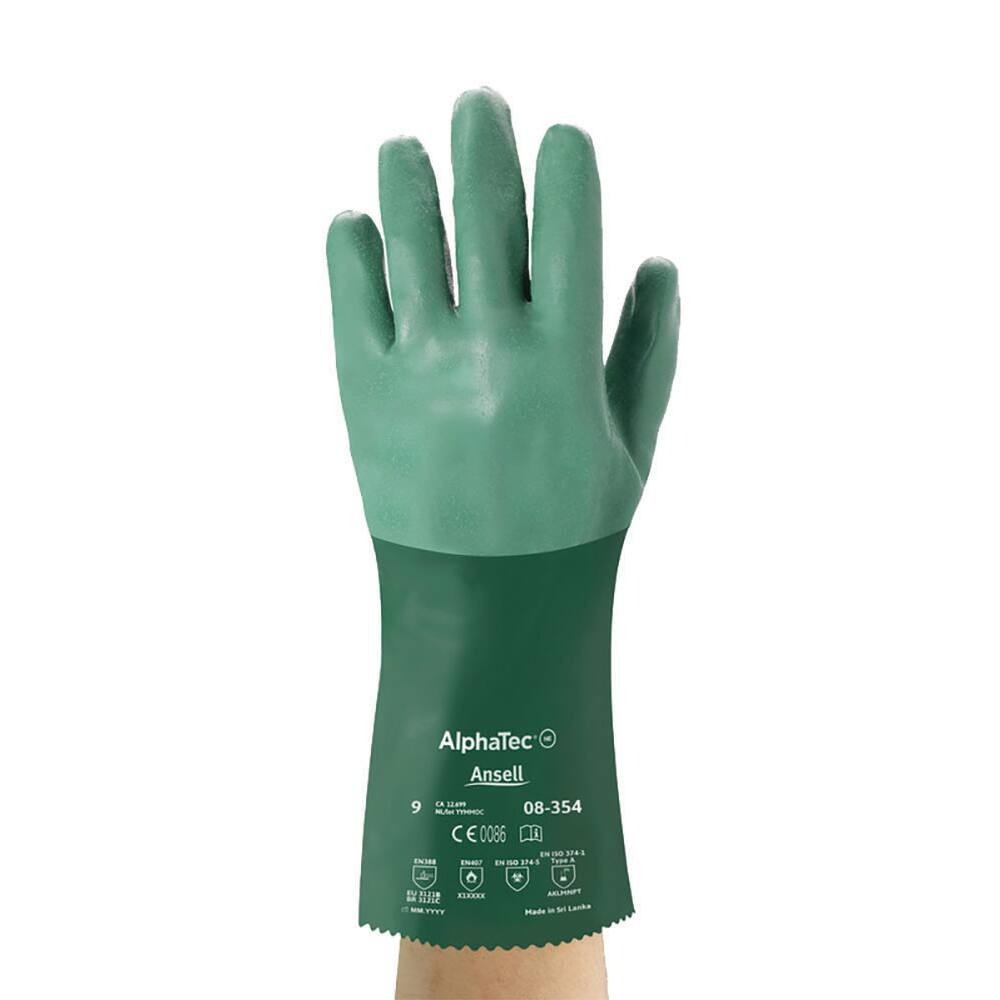 Ansell AlphaTec® 08-354 Chemical & Liquid Resistant Gloves - Neoprene - 355mm Cotton - Supported - Liquid Proof - Silicone/Latex Free - Green - 9
