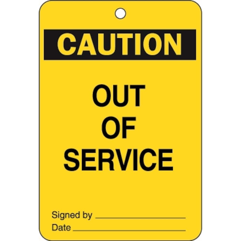 BRADY Lockout Tags - Caution Out Of Service - Yellow/Black - Cardstock H150mm x W100mm - Pack 100